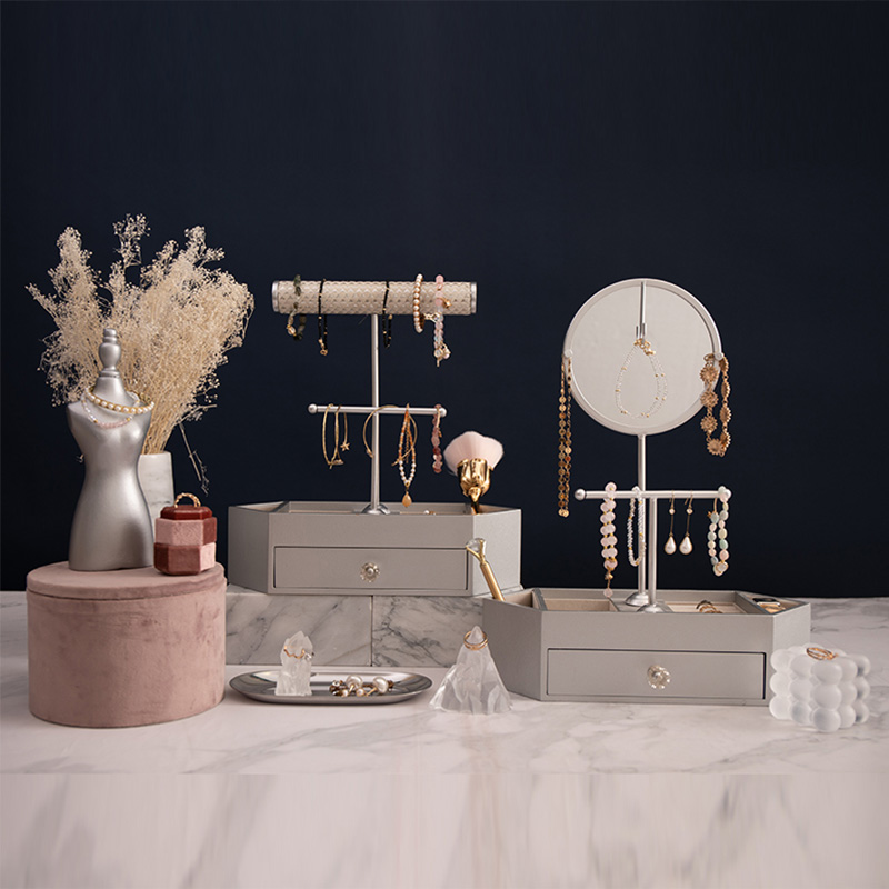 Т-образный органайзер для ювелирных изделий Деревянный настольный косметический органайзер с круглым зеркалом